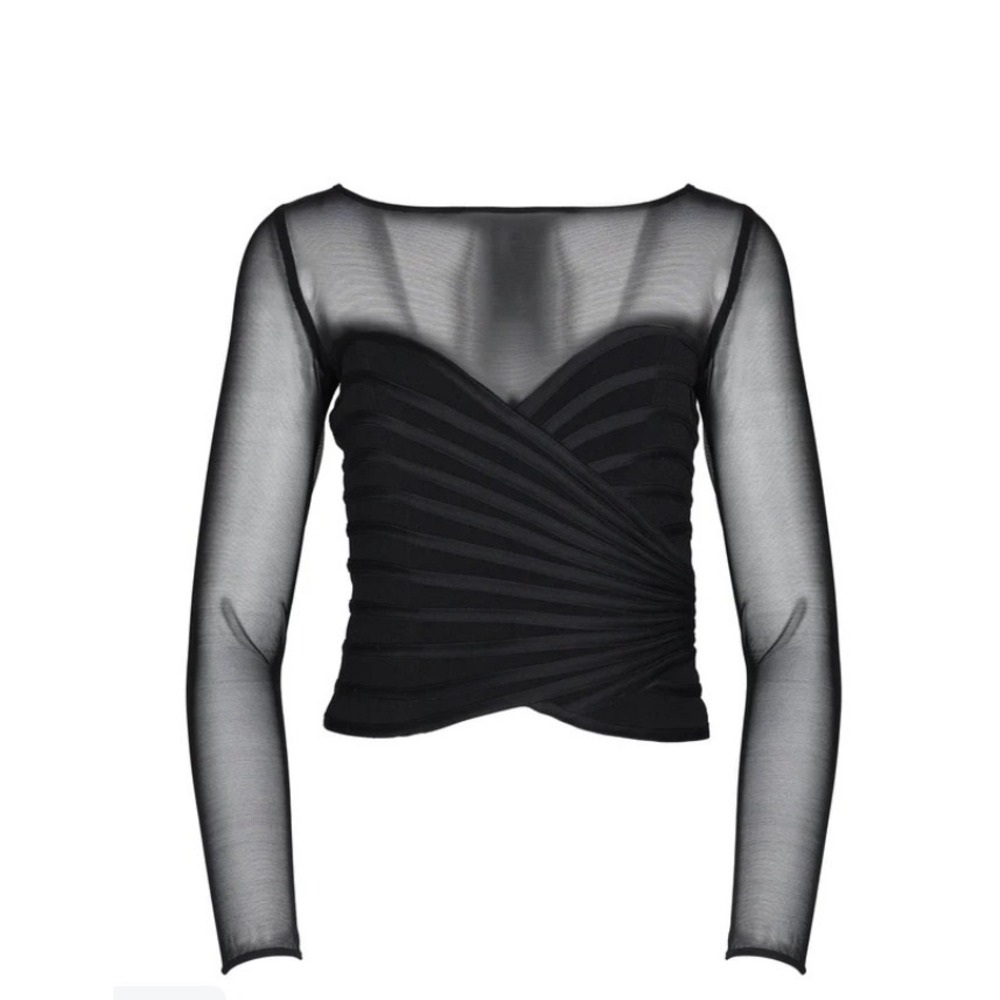 JS Collections Mesh Bandage Sheer-Sleeve Top 4 Black